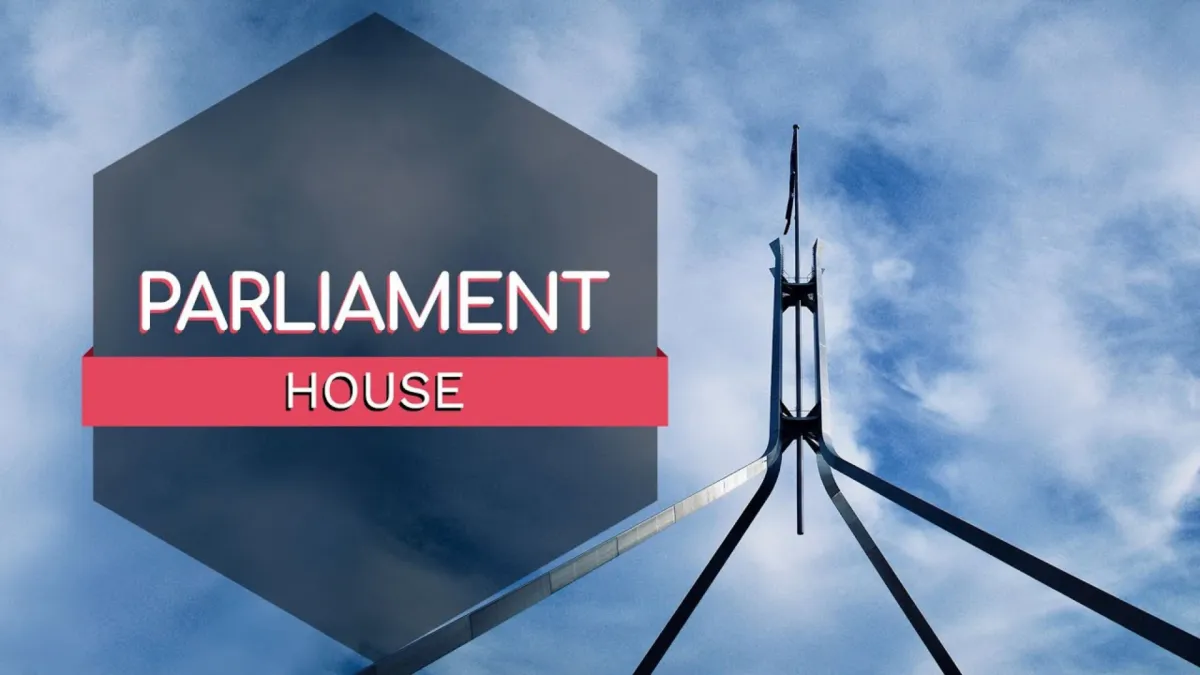 The Parliament House flagpole against a cloudy sky, with the title Parliament House.