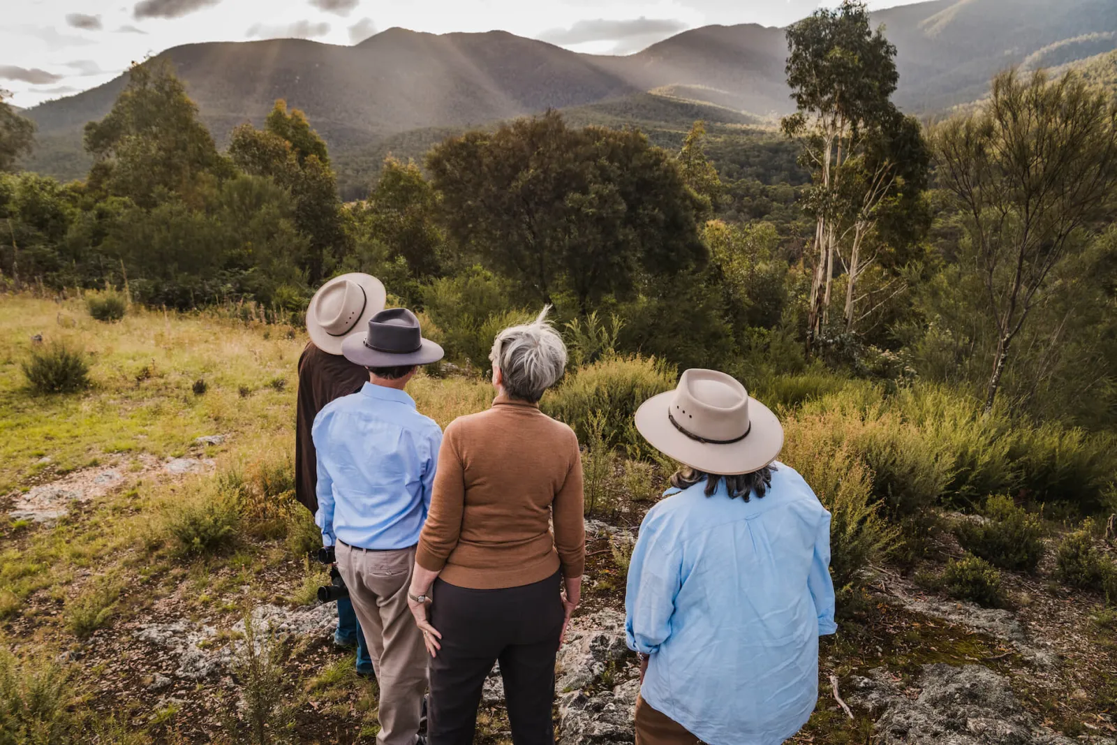 Four visitors in hats look out over bushland towards mountain ranges in soft light.