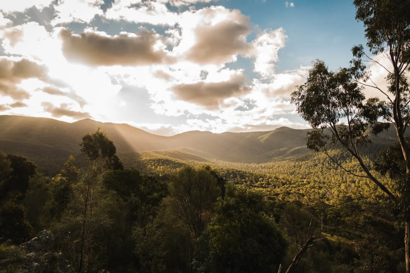 Sunlight breaks through clouds over forested valleys and ranges.