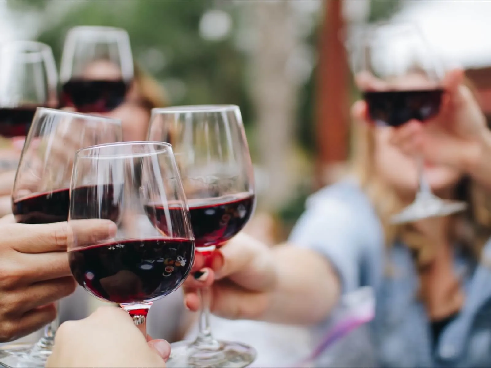 Friends raise glasses of red wine in a toast.
