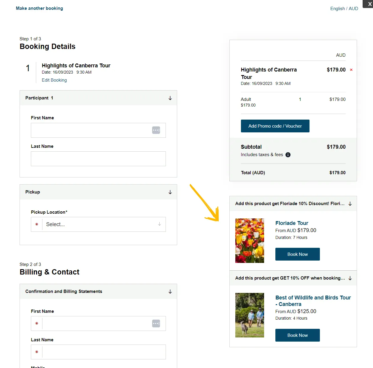 The booking window for the Highlights of Canberra Tour. An arrow points to the offers on the right to add the Floriade Tour or the Best of Wildlife and Birds Tour for 10% off.