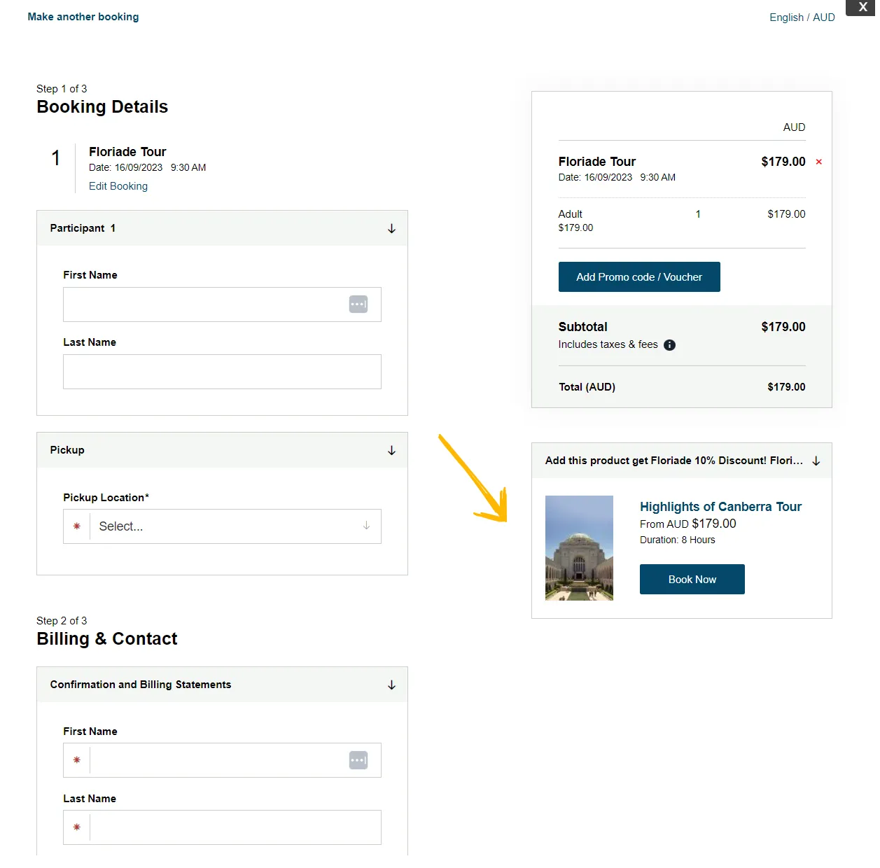 The booking window for the Floriade Tour. An arrow points to the offer on the right to add the Highlights of Canberra Tour for 10% off.