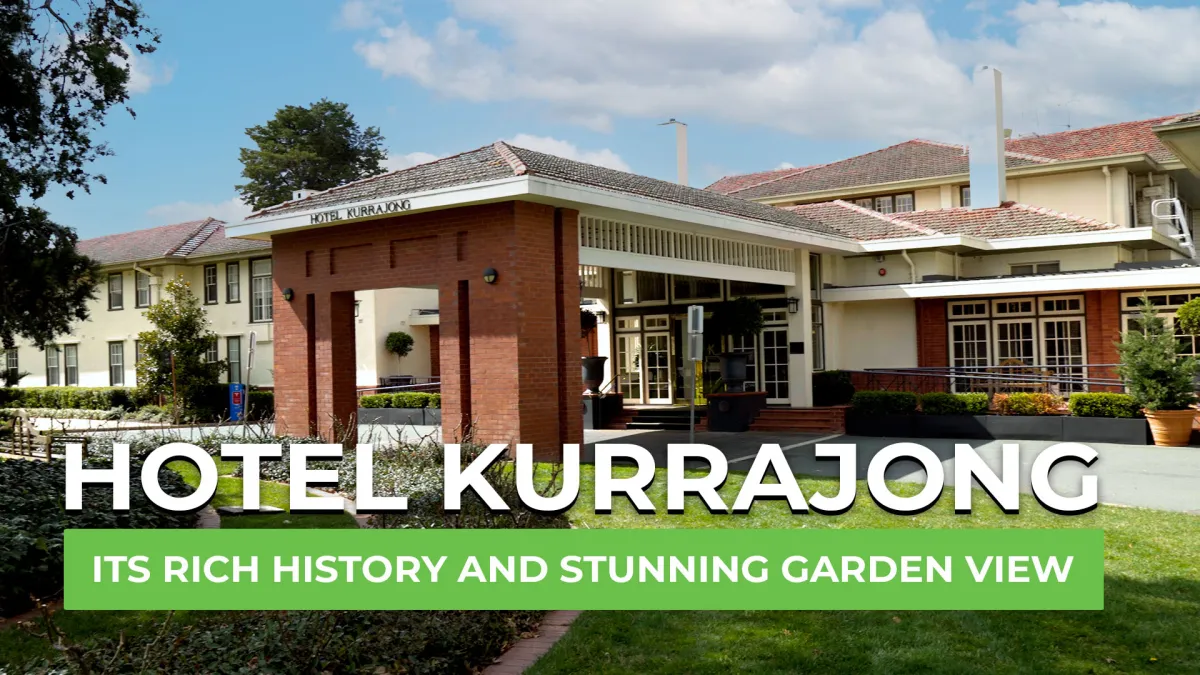 The entrance of Hotel Kurrajong, with the title Hotel Kurrajong: Its Rich History and Stunning Garden View.