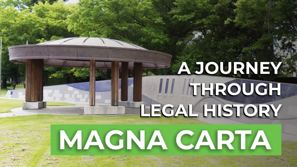 Circular wooden-pillared pavilion beside a curved mosaic wall in a grassy park with trees, overlaid by bold white text reading 'A JOURNEY THROUGH LEGAL HISTORY' and a green banner labelled 'MAGNA CARTA'.