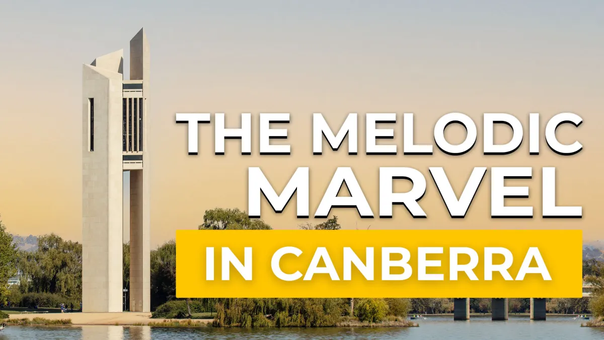 Tall white National Carillon bell tower on the lakeshore in Canberra with trees and a bridge in the background, overlaid by large headline text “THE MELODIC MARVEL” and a yellow banner reading “IN CANBERRA”.